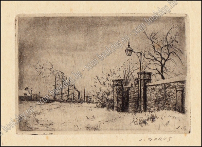 Afbeeldingen van Aquatint ets. Jaak GORUS. Het Kiel onder de sneeuw. Lantaarntje+poort